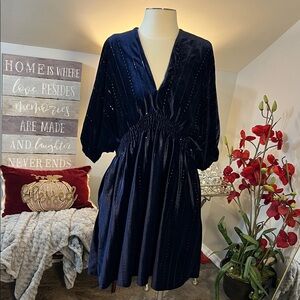 Taylor Navy Blue Smocked V Neck Sequin Embellished Velvet Dress Size XL NWT